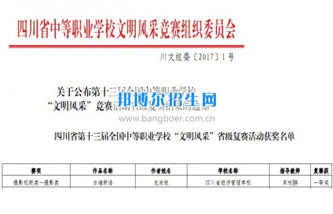 四川經(jīng)濟管理學校學生在“全國第十三屆中職生文明風采大賽”獲獎